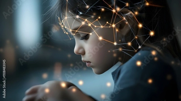 Fototapeta Child in contemplation with ethereal light effects surrounding her.