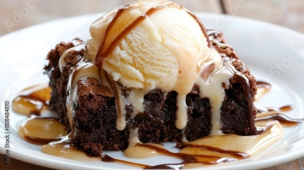 Fototapeta Decadent Brownie Sundae: Chocolate Brownie with Vanilla Ice Cream and Caramel Sauce