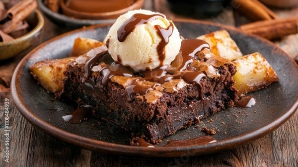 Fototapeta Decadent Chocolate Brownie with Ice Cream & Caramel Sauce
