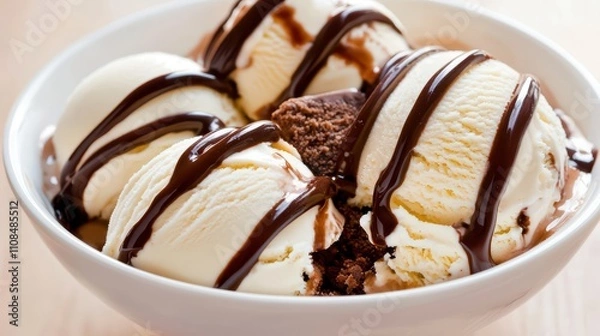 Fototapeta Decadent Vanilla Ice Cream Sundae with Chocolate Sauce and Brownie