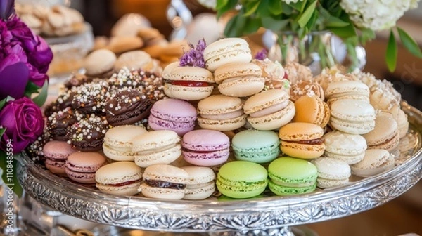 Fototapeta Delicious Assortment of Colorful Macarons on Silver Platter