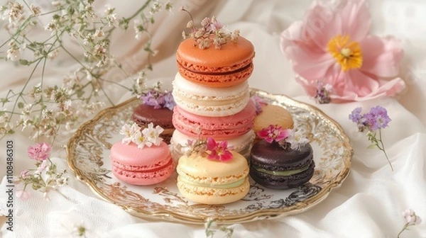 Fototapeta Delightful Macarons: Parisian Pastries with Delicate Flowers