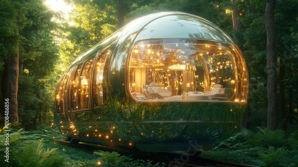 Fototapeta A futuristic, glass-like train stands amidst a lush forest, illuminated with warm lights, blending modern design with nature's tranquility.