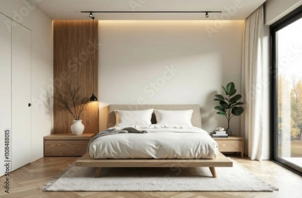 Fototapeta A modern bedroom with minimalist touches including a platform bed, simple decor and a soothing color scheme.