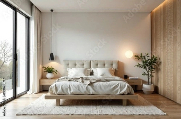 Fototapeta A modern bedroom with minimalist touches including a platform bed, simple decor and a soothing color scheme.