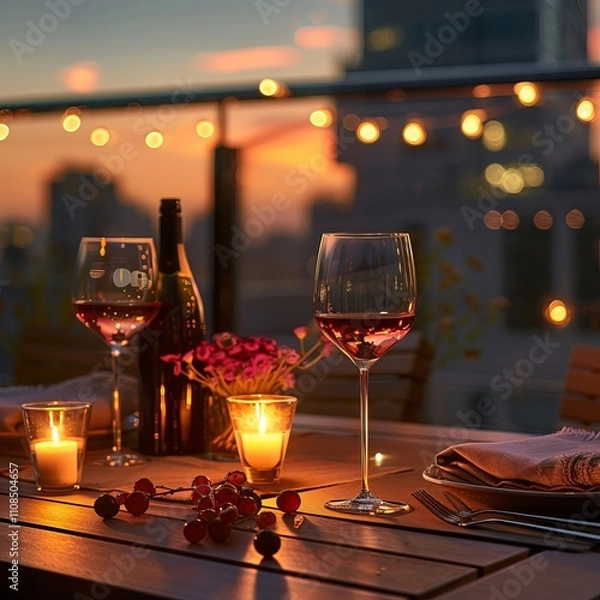 Fototapeta Romantic dinner setup including wine glasses and candles on a rooftop terrace for Valentine's Day.