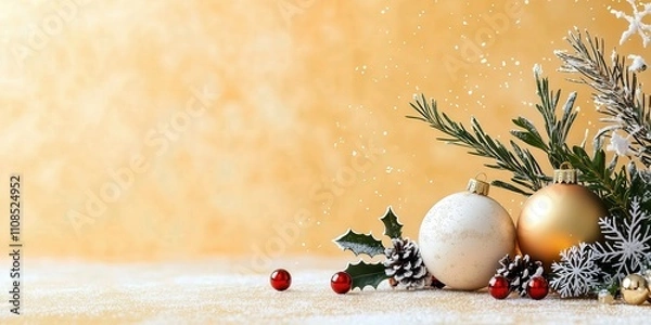 Fototapeta Minimalist Christmas Background with Gold and White Baubles, Snow-Covered Pinecones, Red Berries, Greenery, and Snowflakes on Beige Surface with copy space. 