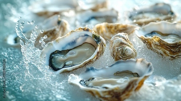 Fototapeta many oysters with wavy splashes of water is photographed as a water splash blows over the oyster, in the style of light beige and sky-blue,