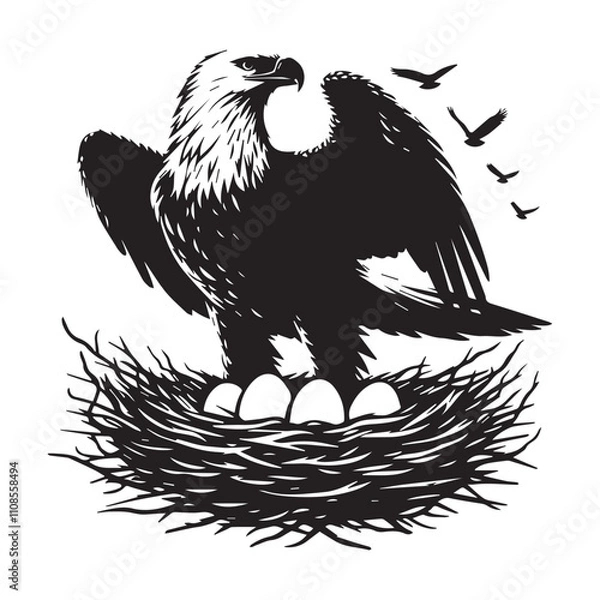 Obraz Black and white silhouette of eagle sitting in his nest, Flying Bald Eagle black and white Silhouette vector, A Bald Eagle black Silhouette Vector isolated on a white background