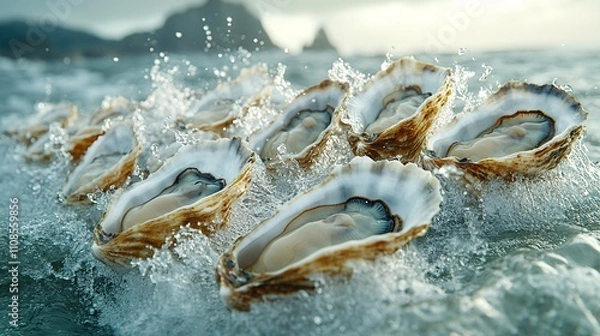 Fototapeta many oysters with wavy splashes of water is photographed as a water splash blows over the oyster, in the style of light beige and sky-blue,