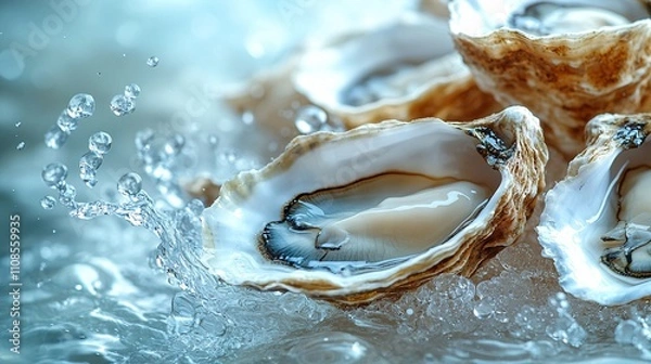 Fototapeta many oysters with wavy splashes of water is photographed as a water splash blows over the oyster, in the style of light beige and sky-blue,