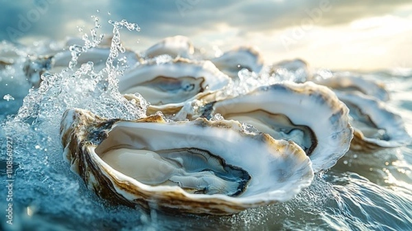 Fototapeta many oysters with wavy splashes of water is photographed as a water splash blows over the oyster, in the style of light beige and sky-blue,