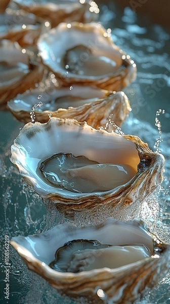 Fototapeta many oysters with wavy splashes of water is photographed as a water splash blows over the oyster, in the style of light beige and sky-blue,