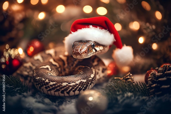 Fototapeta A symbol of the year 2025, snake wearing Santa's hat, festive Happy New Year and Christmas 
