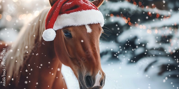 Obraz A symbol of the year 2026, horse wearing Santa's hat, festive Happy New Year and Christmas 