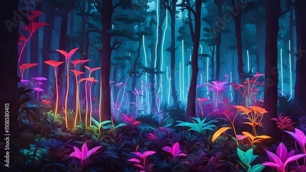 Obraz A neon-lit forest filled with bioengineered plants emitting multicolor lights, creating an ethereal ambiance.
