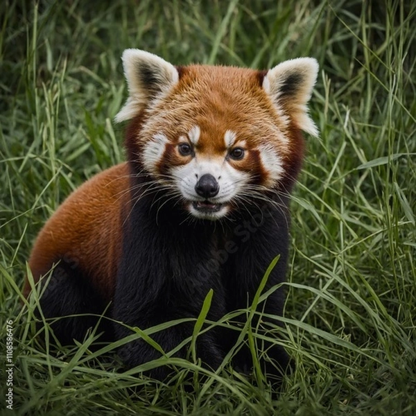 Fototapeta A red panda curled up in tall grass, its tail wrapped around its body.