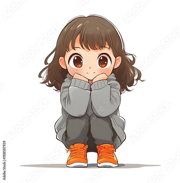 Fototapeta A cute little girl with her hands on the chin, wearing gray sweatshirt and orange shoes,cartoon style character design,white background,chibi art , white background,8k