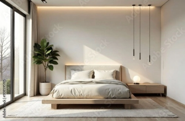 Fototapeta A modern bedroom with minimalist touches including a platform bed, simple decor and a soothing color scheme.