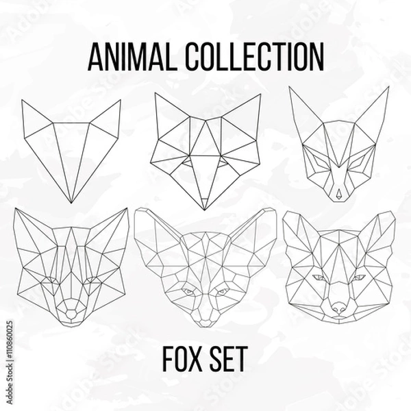 Fototapeta Set of geometric fox head isolated on white background vintage vector design element illustration