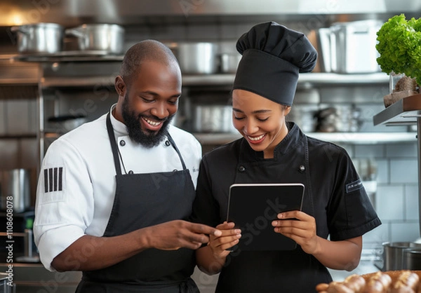 Fototapeta Two smiling chefs review a tablet in a kitchen setting, possibly reviewing an online recipe or order. The image is one of several used for marketing on a website