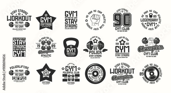 Obraz Set of emblems for gym, workout, athletic club. Graphic design for t-shirt. Black print on white background