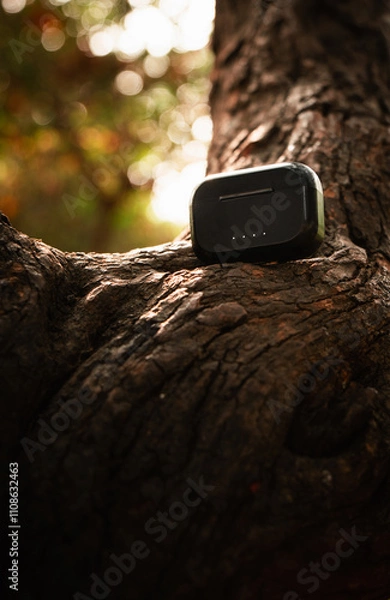 Obraz Earpods product shot in forest golden light canopy