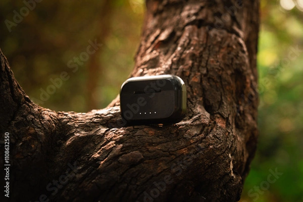 Obraz Earpods product shot in forest golden light canopy