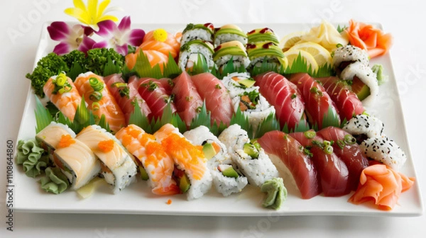 Fototapeta A fresh sushi platter featuring an assortment of colorful sushi rolls, sashimi, and garnishes, presented on a clean white plate.