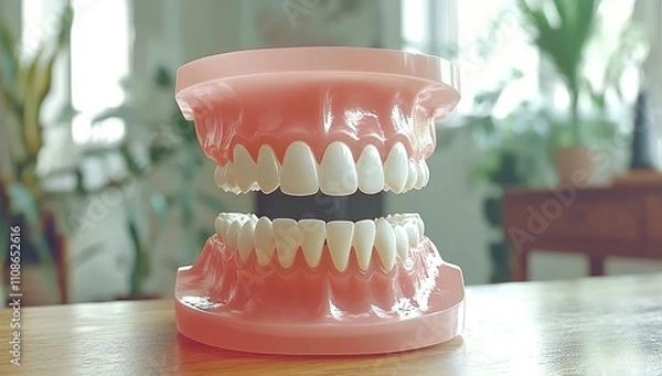 Fototapeta detailed 3D hologram projection of teeth displayed on table, showcasing dental anatomy in bright and inviting environment. model highlights structure and alignment of teeth, creating educational and
