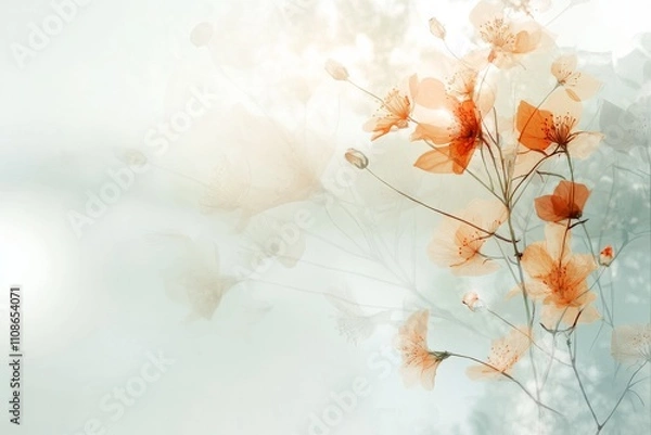Fototapeta Soft, ethereal orange blossoms float gently against a dreamy, light-filled backdrop, illustrating a combination of tranquility and delicate elegance.