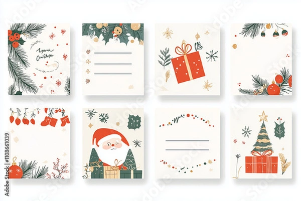 Fototapeta A grid of cute Christmas place cards for printing inspired by French themes. Each card should feature a festive Christmas aesthetic, incorporating French elements such as fleur-de-lis patterns