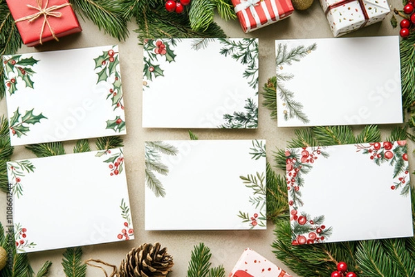 Fototapeta A grid of cute Christmas place cards for printing inspired by French themes. Each card should feature a festive Christmas aesthetic, incorporating French elements such as fleur-de-lis patterns