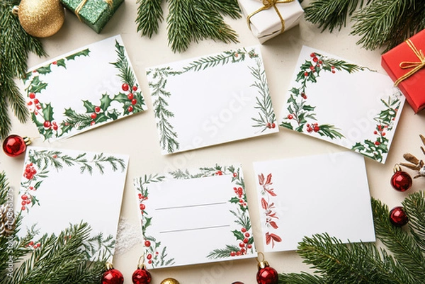 Fototapeta A grid of cute Christmas place cards for printing inspired by French themes. Each card should feature a festive Christmas aesthetic, incorporating French elements such as fleur-de-lis patterns