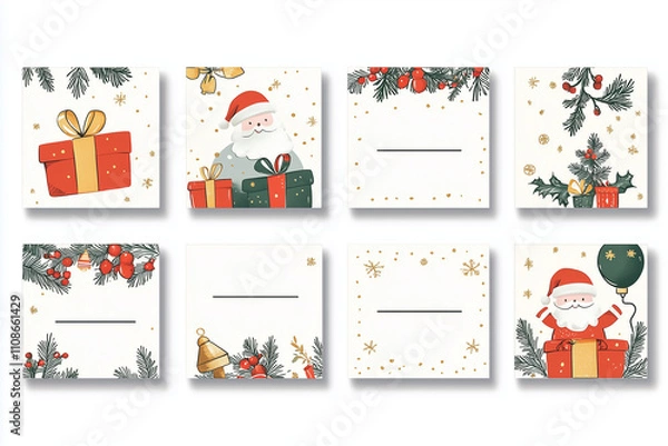 Fototapeta A grid of cute Christmas place cards for printing inspired by French themes. Each card should feature a festive Christmas aesthetic, incorporating French elements such as fleur-de-lis patterns
