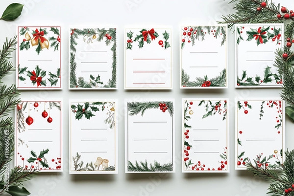 Fototapeta A grid of cute Christmas place cards for printing inspired by French themes. Each card should feature a festive Christmas aesthetic, incorporating French elements such as fleur-de-lis patterns