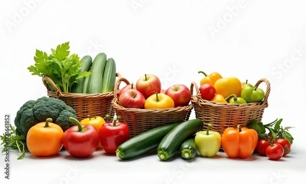 Fototapeta A healthy food market scene with baskets of fresh produce like apples, peppers, and zucchini, displayed in a rustic style. The clean white background keeps the focus on the vibrant foods.