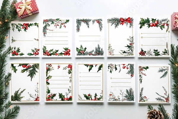 Fototapeta A grid of cute Christmas place cards for printing inspired by French themes. Each card should feature a festive Christmas aesthetic, incorporating French elements such as fleur-de-lis patterns