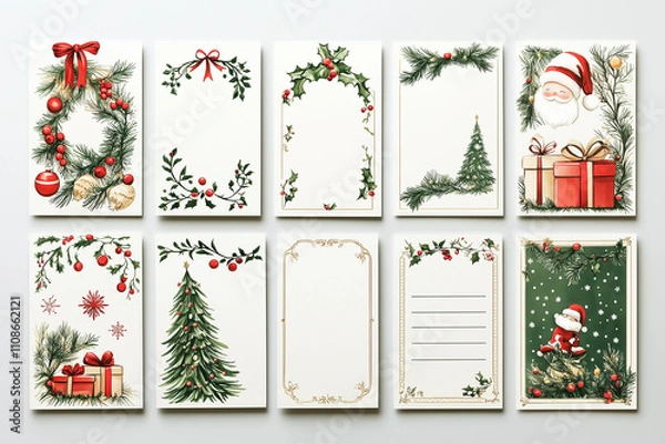 Fototapeta A grid of cute Christmas place cards for printing inspired by French themes. Each card should feature a festive Christmas aesthetic, incorporating French elements such as fleur-de-lis patterns
