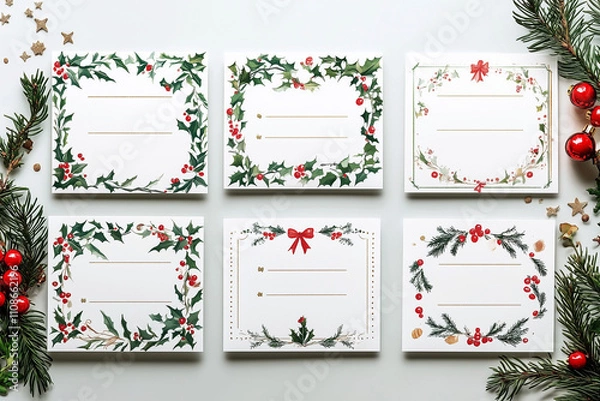 Fototapeta A grid of cute Christmas place cards for printing inspired by French themes. Each card should feature a festive Christmas aesthetic, incorporating French elements such as fleur-de-lis patterns