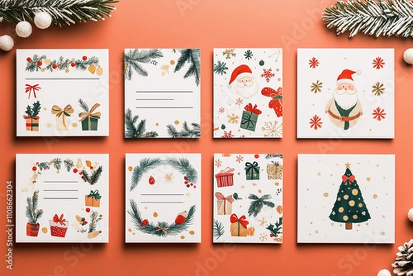Fototapeta A grid of cute Christmas place cards for printing inspired by French themes. Each card should feature a festive Christmas aesthetic, incorporating French elements such as fleur-de-lis patterns