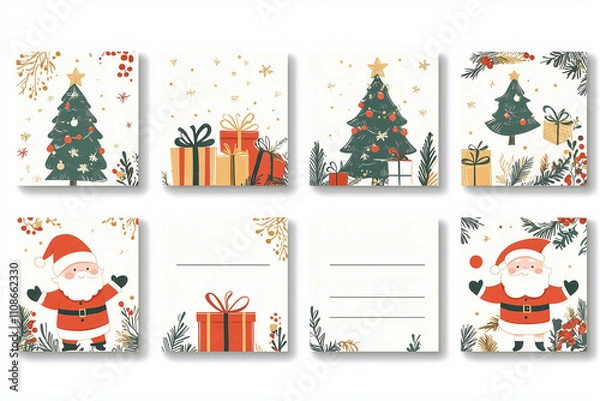 Fototapeta A grid of cute Christmas place cards for printing inspired by French themes. Each card should feature a festive Christmas aesthetic, incorporating French elements such as fleur-de-lis patterns