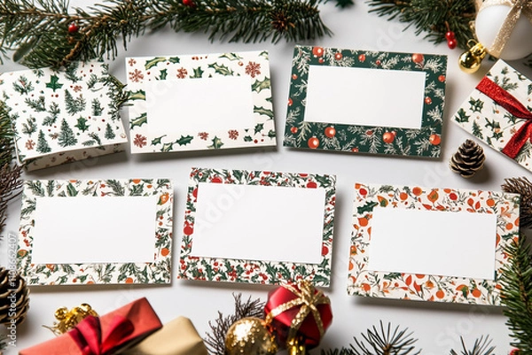 Fototapeta A grid of cute Christmas place cards for printing inspired by French themes. Each card should feature a festive Christmas aesthetic, incorporating French elements such as fleur-de-lis patterns