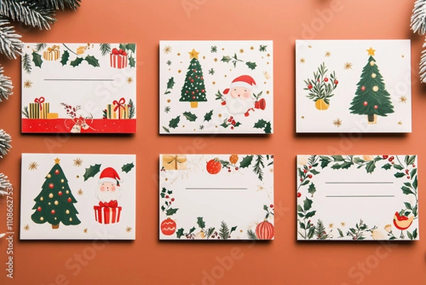 Fototapeta A grid of cute Christmas place cards for printing inspired by French themes. Each card should feature a festive Christmas aesthetic, incorporating French elements such as fleur-de-lis patterns