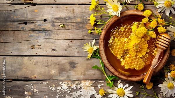 Fototapeta A bowl of honey, honeycombs, and flowers arranged on a wooden background with copy space.