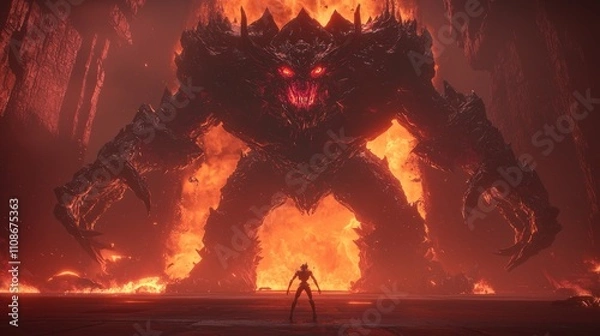 Obraz Clash of Titans: AI Character vs. Giant Boss Monster in Epic Battle Scene with Dramatic Lighting and Intense Emotions