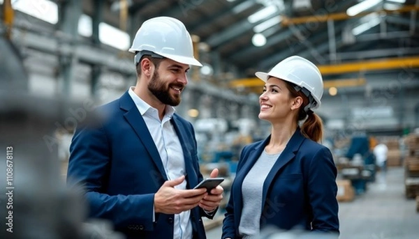Fototapeta Smiling engineers using tablet, discussing project in steel factory