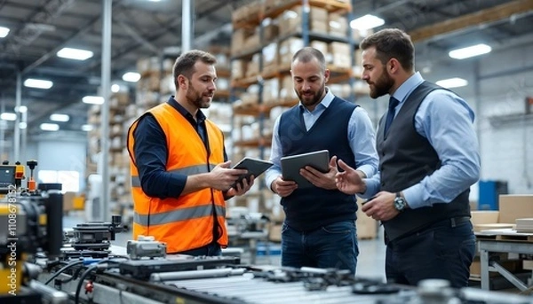 Fototapeta Engineers using digital tablets and discussing work in factory