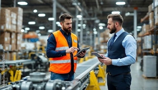 Fototapeta Supervisor and manager using digital tablet, discussing in a modern factory