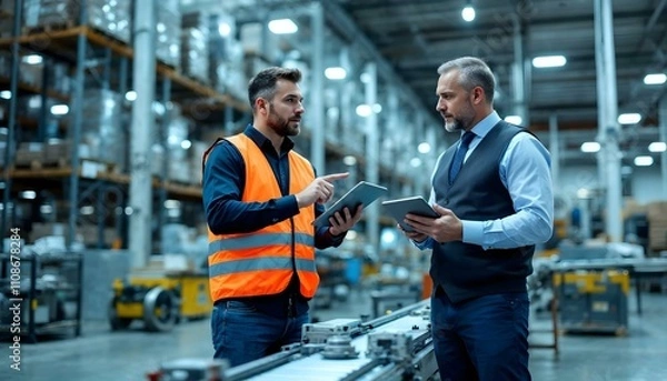 Fototapeta Supervisor and manager using digital tablet, discussing in a modern factory